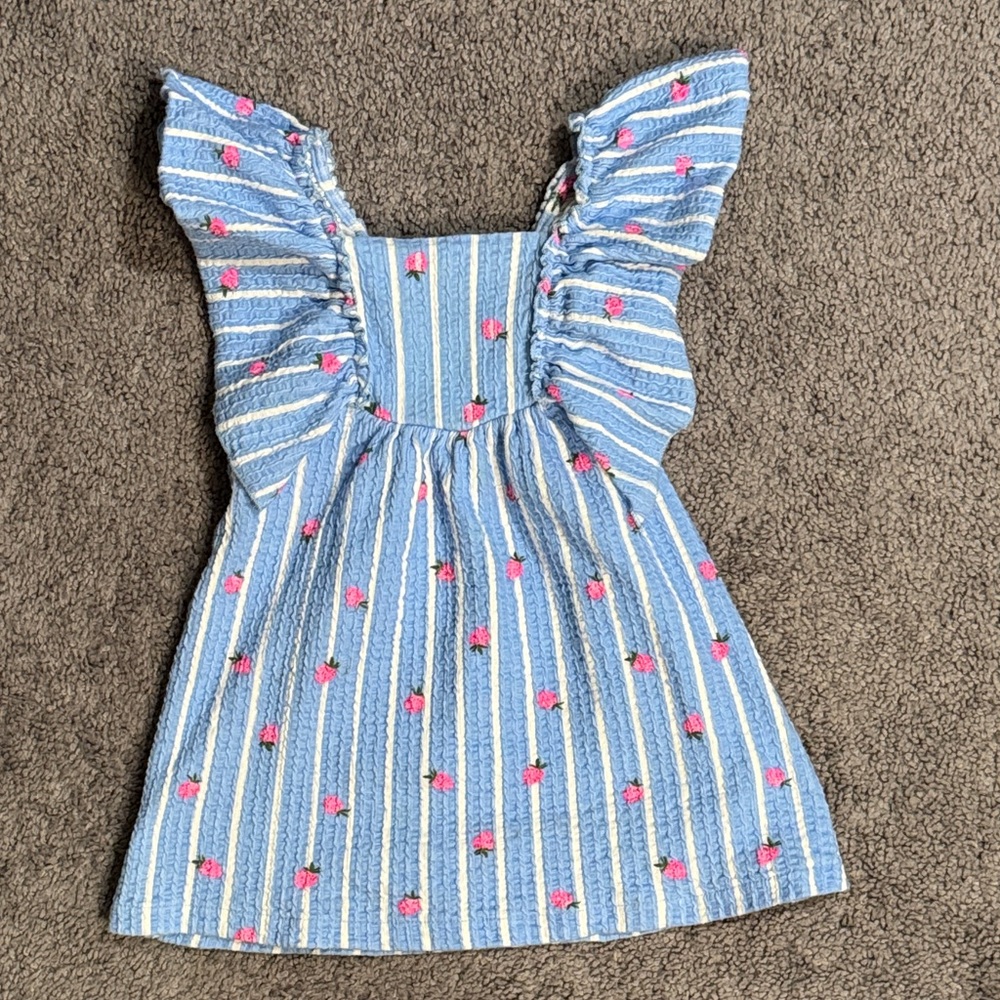 Zara Blue and White Striped Flutter Sleeve Dress with Strawberry’s - Worn Once